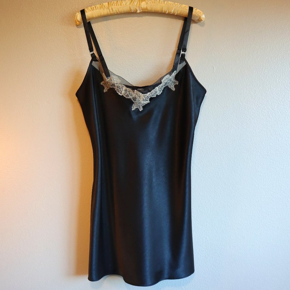 Victoria Secret Black Satin Cami Lingerie Sleepwear with Lace Trim Size Large